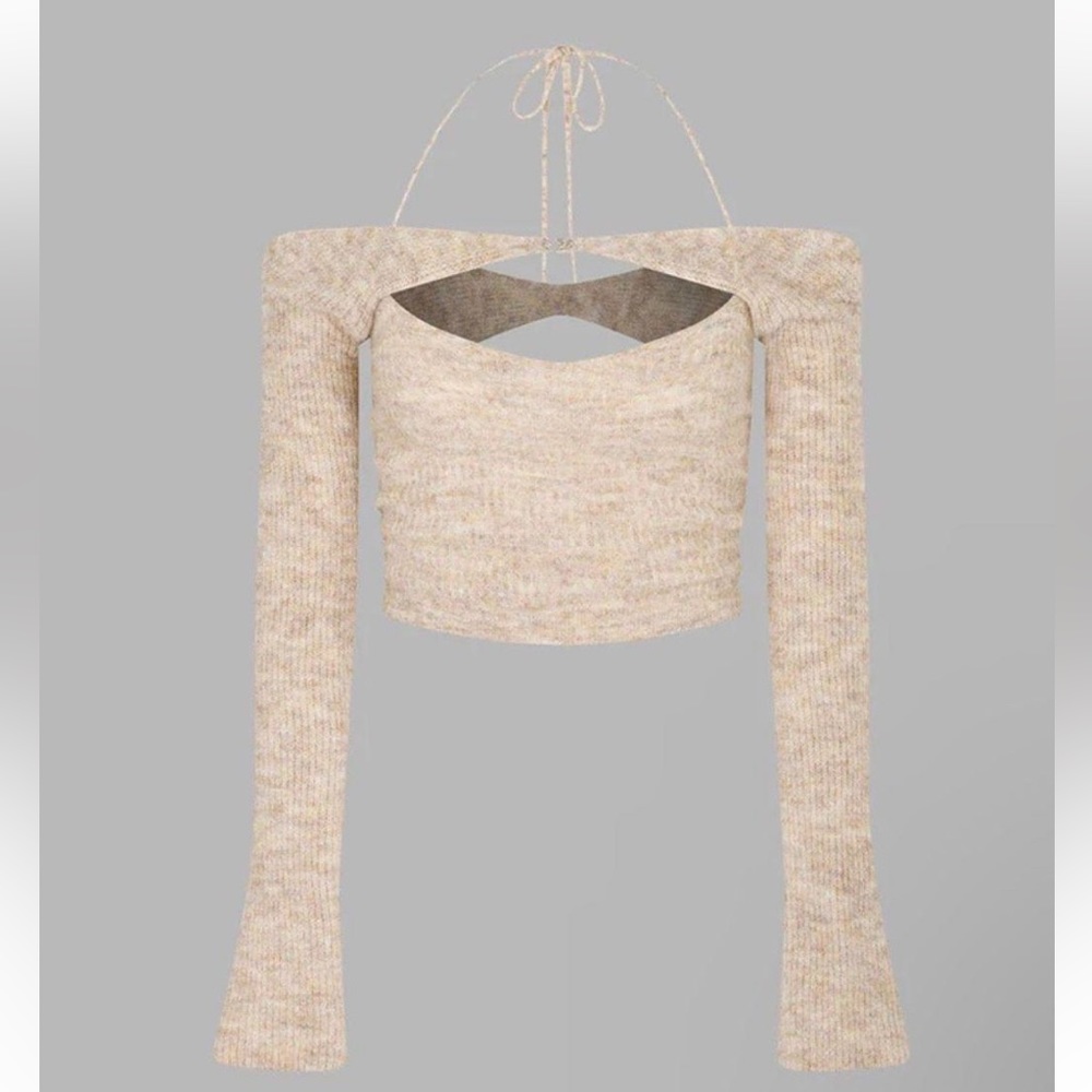 Y2K Beige Long Sleeve Halter Top